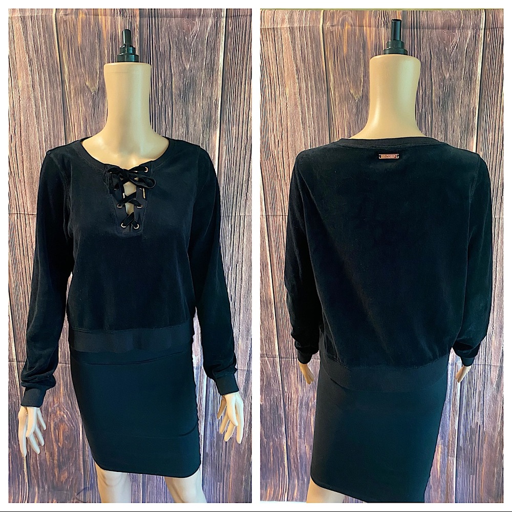 Betsey Johnson sz small medium black velvet & rose gold button tie up sweatshirt